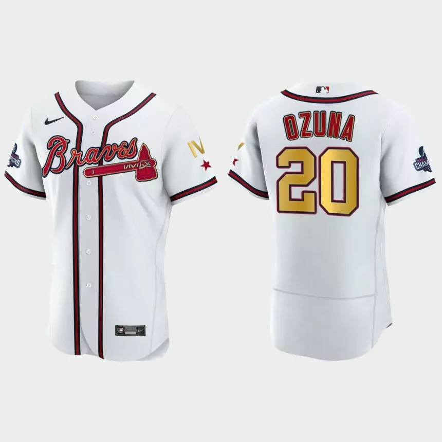 Atlanta Braves Marcell Ozuna 2022 Gold Program White Braves 4-Time World Series Champions Jersey