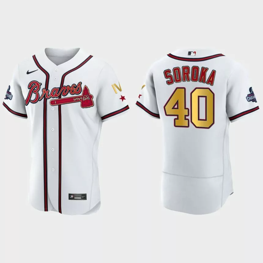 Atlanta Braves Mike Soroka 2022 Gold Program White Braves 4-Time World Series Champions Jersey