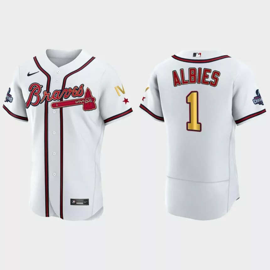 Atlanta Braves Ozzie Albies 2022 Gold Program White Braves 4-Time World Series Champions Jersey