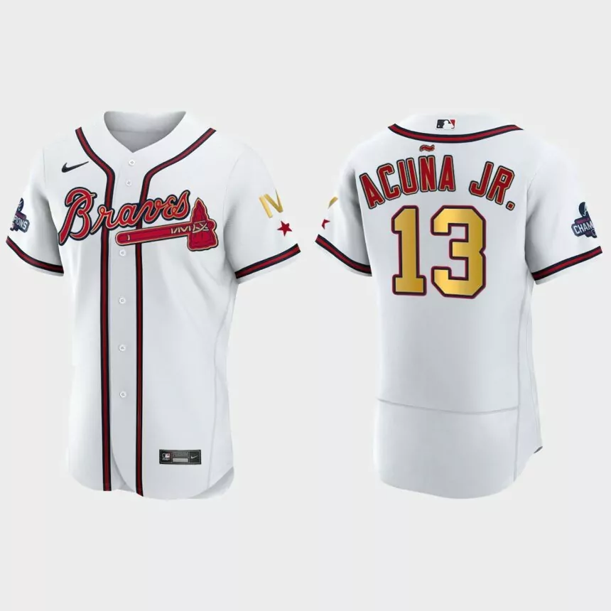 Atlanta Braves Ronald Acuna Jr. 2022 Gold Program White Braves 4-Time World Series Champions Jersey