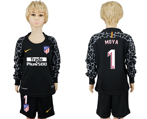 Atletico Madrid #1 Moya Black Goalkeeper Long Sleeves Kid Soccer Club Jersey