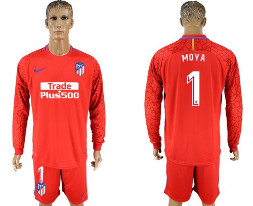 Atletico Madrid #1 Moya Red Goalkeeper Long Sleeves Soccer Club Jersey