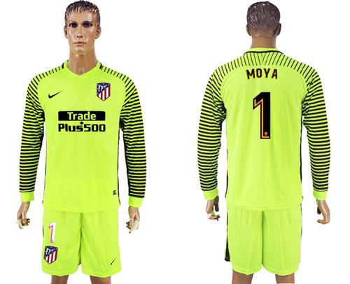 Atletico Madrid #1 Moya Shiny Green Goalkeeper Long Sleeves Soccer Club Jersey