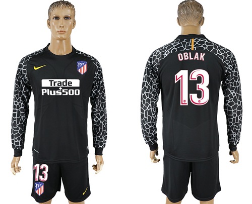 Atletico Madrid #13 Oblak Black Goalkeeper Long Sleeves Soccer Club Jersey
