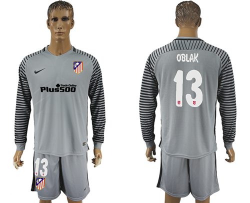 Atletico Madrid #13 Oblak Grey Goalkeeper Long Sleeves Soccer Club Jersey