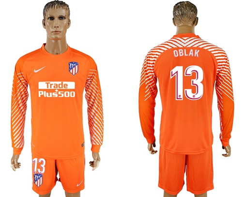 Atletico Madrid #13 Oblak Orange Goalkeeper Long Sleeves Soccer Club Jersey