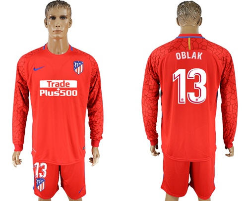 Atletico Madrid #13 Oblak Red Goalkeeper Long Sleeves Soccer Club Jersey