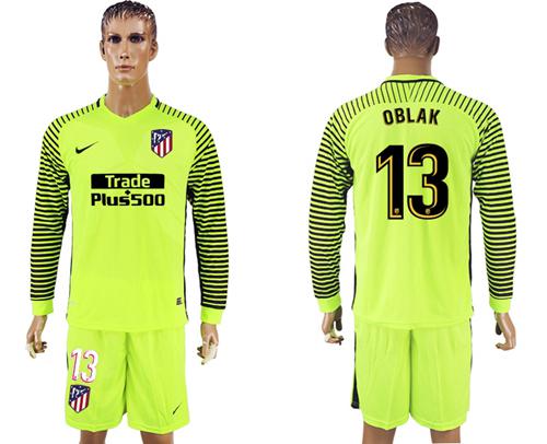 Atletico Madrid #13 Oblak Shiny Green Goalkeeper Long Sleeves Soccer Club Jersey