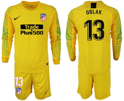 Atletico Madrid #13 Oblak Yellow Goalkeeper Long Sleeves Soccer Club Jersey