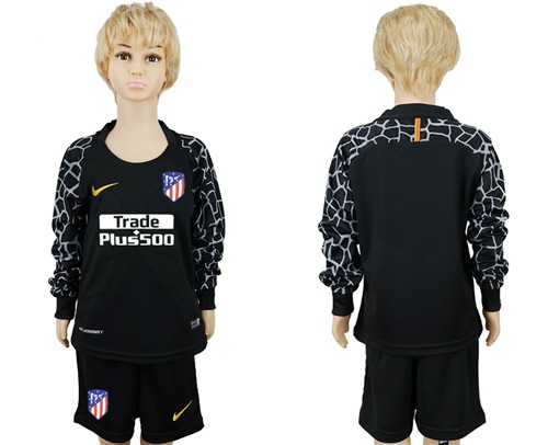 Atletico Madrid Blank Black Goalkeeper Long Sleeves Kid Soccer Club Jersey