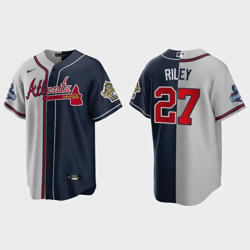 Austin Riley Atlanta Braves 2021 World Series Champions 1995 Throwback Split Jersey – Gray Navy
