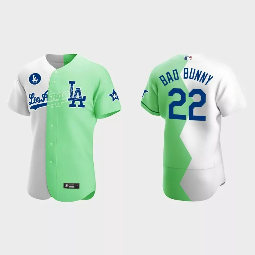 Bad Bunny Los Angeles Dodgers 2022 Celebrity Softball Game Authentic Jersey – White Green