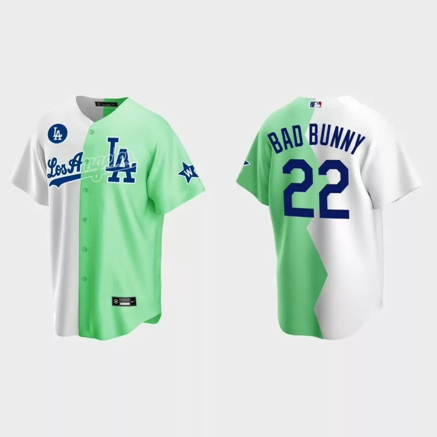 Bad Bunny Los Angeles Dodgers 2022 MLB All-Star Celebrity Softball Game Split Jersey – White Green