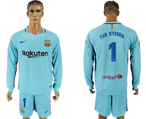 Barcelona #1 Ter Stegen Away Long Sleeves Soccer Club Jersey