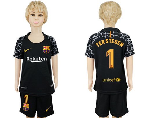 Barcelona #1 Ter Stegen Black Goalkeeper Kid Soccer Club Jersey