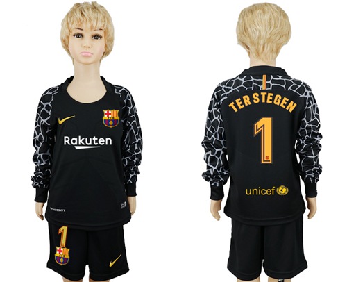 Barcelona #1 Ter Stegen Black Goalkeeper Long Sleeves Kid Soccer Club Jersey