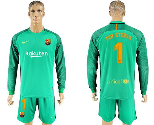 Barcelona #1 Ter Stegen Green Goalkeeper Long Sleeves Soccer Club Jersey