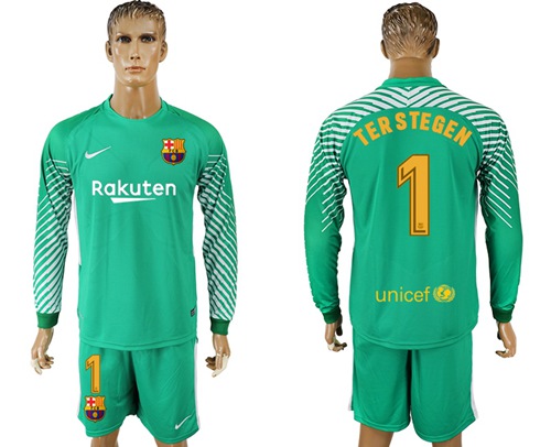 Barcelona #1 Ter Stegen Green Goalkeeper Long Sleeves Soccer Club Jersey