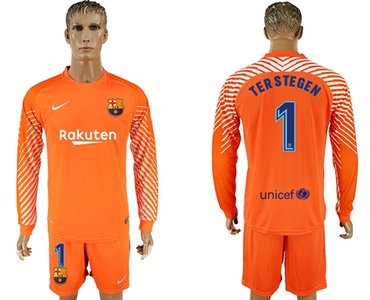 Barcelona #1 Ter Stegen Orange Goalkeeper Long Sleeves Soccer Club Jersey
