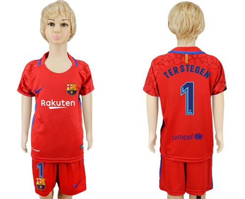 Barcelona #1 Ter Stegen Red Goalkeeper Kid Soccer Club Jersey