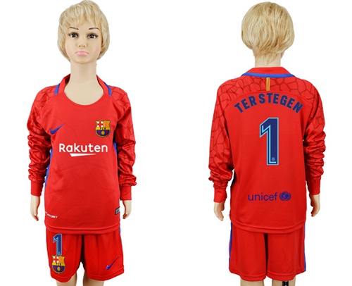 Barcelona #1 Ter Stegen Red Goalkeeper Long Sleeves Kid Soccer Club Jersey