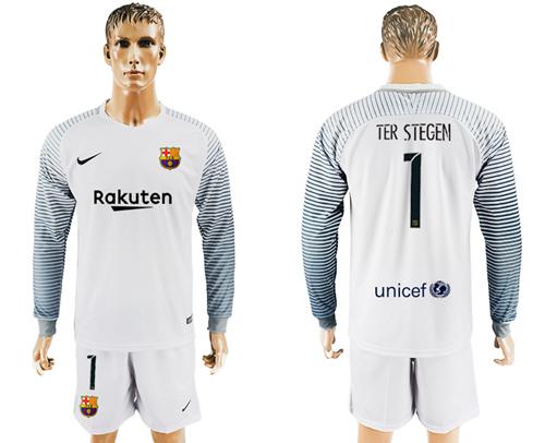 Barcelona #1 Ter Stegen White Goalkeeper Long Sleeves Soccer Club Jersey