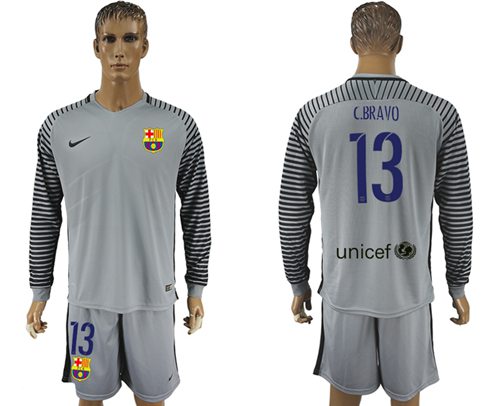 Barcelona #13 C.Bravo Grey Goalkeeper Long Sleeves Soccer Club Jersey
