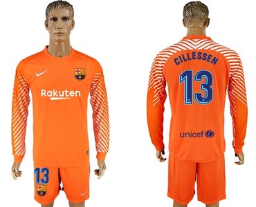 Barcelona #13 Cillessen Orange Goalkeeper Long Sleeves Soccer Club Jersey
