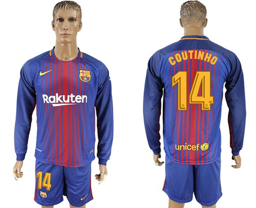 Barcelona #14 Coutinho Home Long Sleeves Soccer Club Jersey