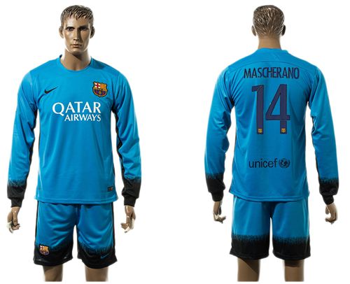 Barcelona #14 Mascherano Sec Away Long Sleeves Soccer Club Jersey