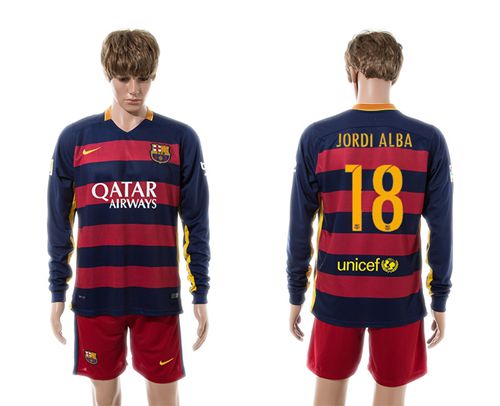 Barcelona #18 Jordi Alba Home Long Sleeves Soccer Club Jersey