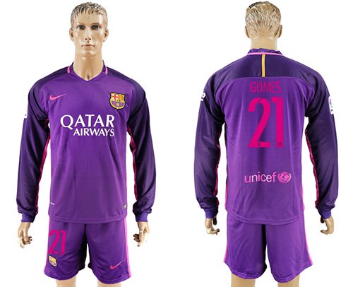 Barcelona #21 Gomes Away Long Sleeves Soccer Club Jersey