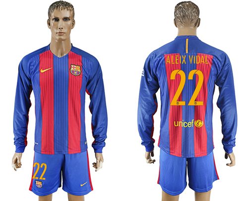 Barcelona #22 Aleix Vidal Home Long Sleeves Soccer Club Jersey