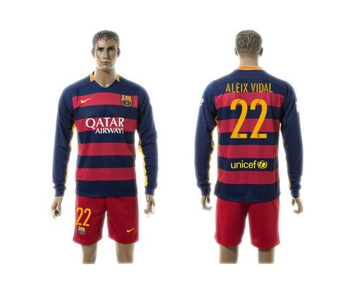 Barcelona #22 Aleix Vidal Home Long Sleeves Soccer Club Jersey