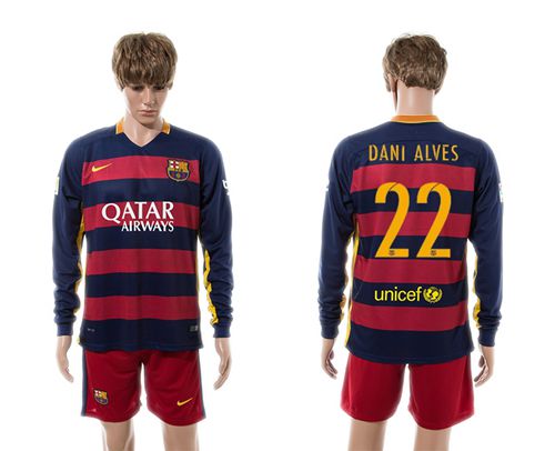 Barcelona #22 Dani Alves Home Long Sleeves Soccer Club Jersey