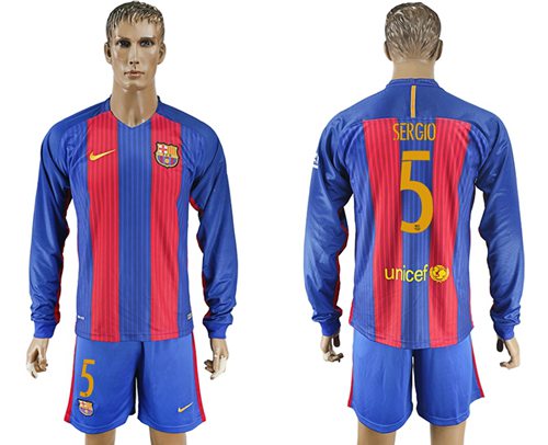 Barcelona #5 Sergio Home Long Sleeves Soccer Club Jersey