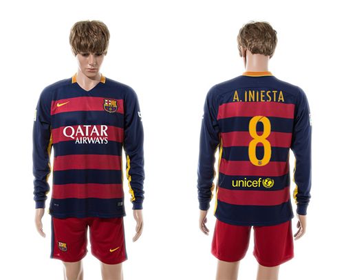 Barcelona #8 A.Iniesta Home Long Sleeves Soccer Club Jersey