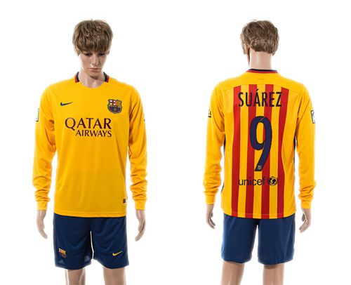 Barcelona #9 Suarez Away Long Sleeves Soccer Club Jersey