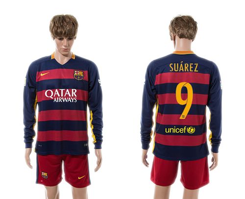 Barcelona #9 Suarez Home Long Sleeves Soccer Club Jersey
