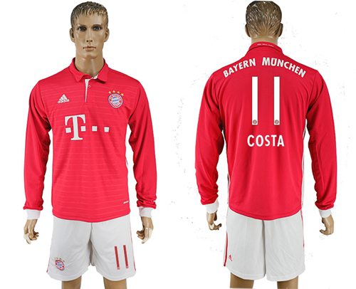 Bayern Munchen #11 Costa Home Long Sleeves Soccer Club Jersey
