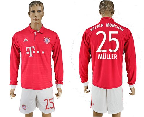 Bayern Munchen #25 Muller Home Long Sleeves Soccer Club Jersey