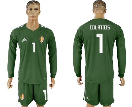 Belgium #1 Courtois Army 2018 FIFA World Cup Green Long Sleeves Goalkeeper Soccer Country Jersey