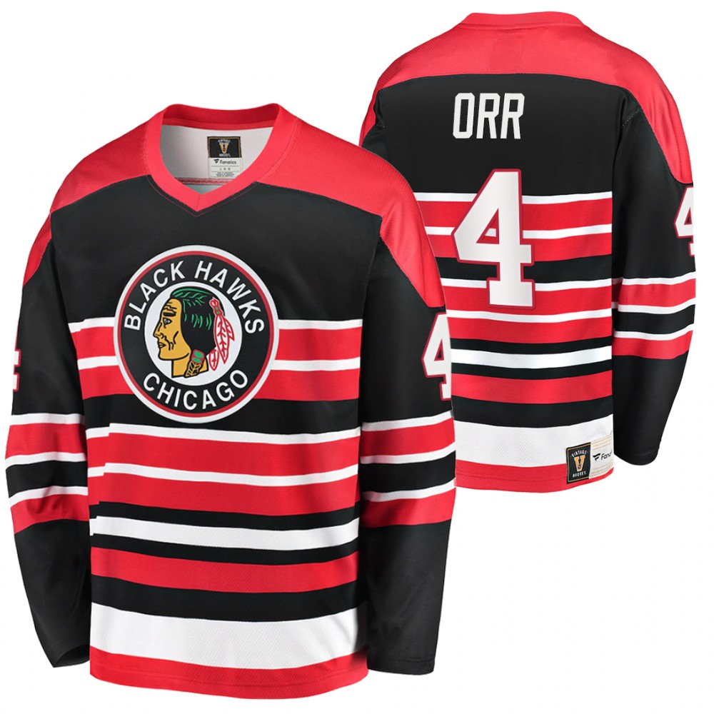 Blackhawks #4 Bobby Orr Black Red Heritage Vintage Premier Retired Jersey