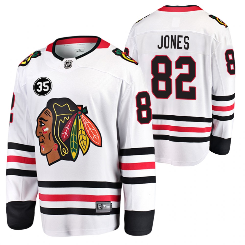 Blackhawks #82 Caleb Jones White 35 Patch Honor Tony Esposito Jersey