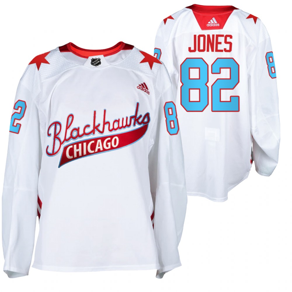 Blackhawks Caleb Jones 2022 One Community Night White Warm-Up Jersey