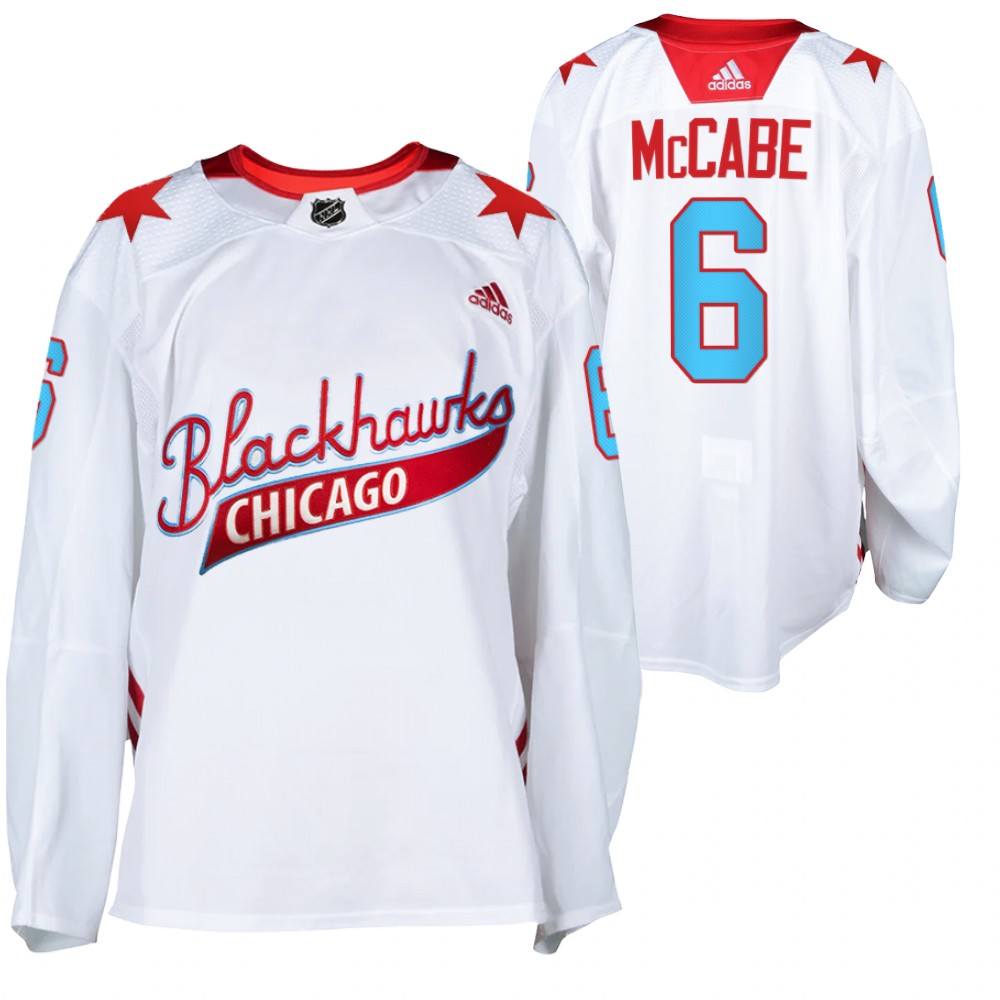 Blackhawks Jake McCabe 2022 One Community Night White Warm-Up Jersey