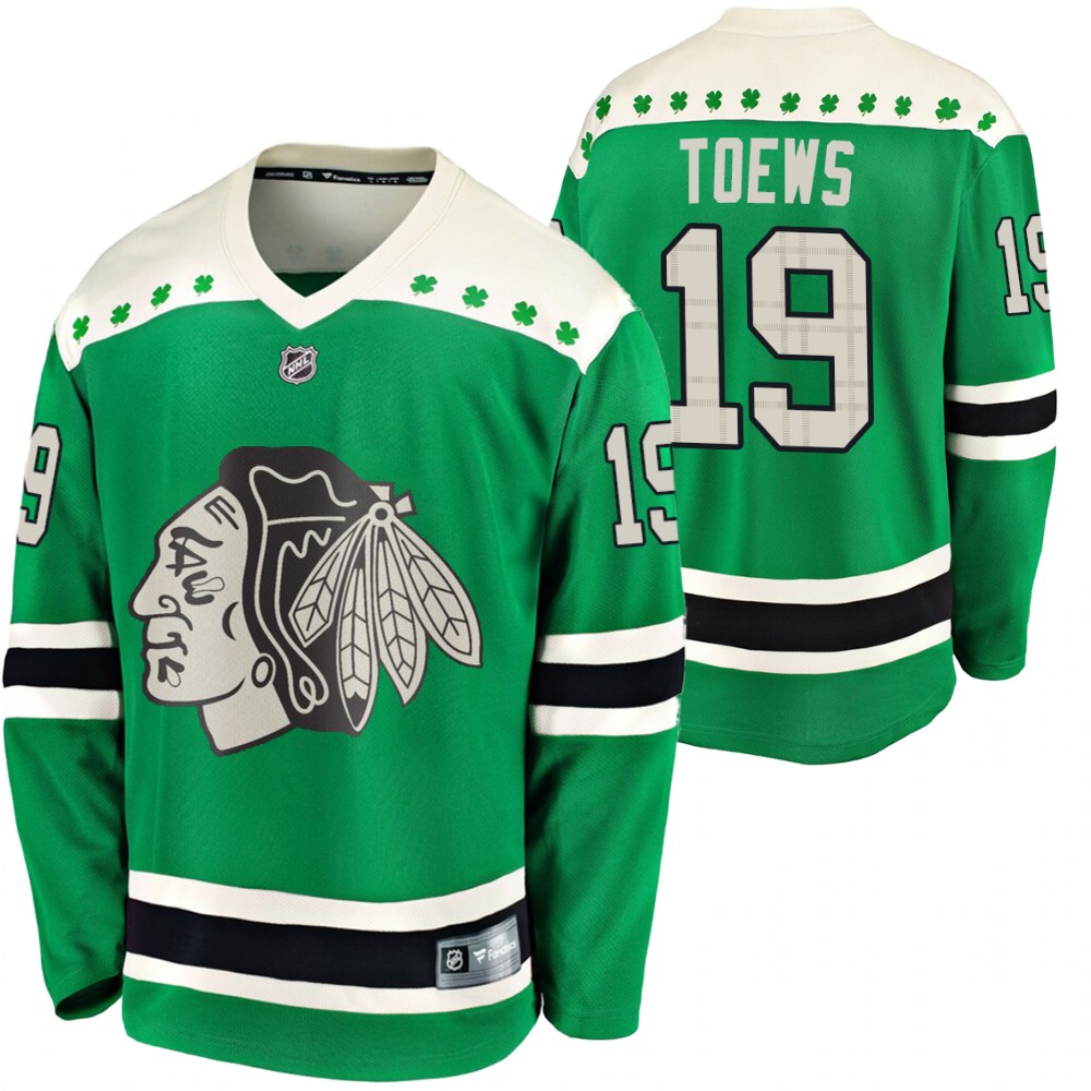 Blackhawks Jonathan Toews 2020 St. Patrick's Day Green #19 Jersey Replica Player