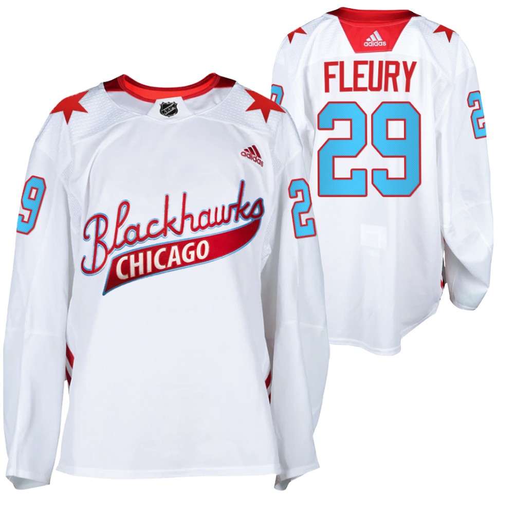 Blackhawks Marc-Andre Fleury 2022 One Community Night White Warm-Up Jersey