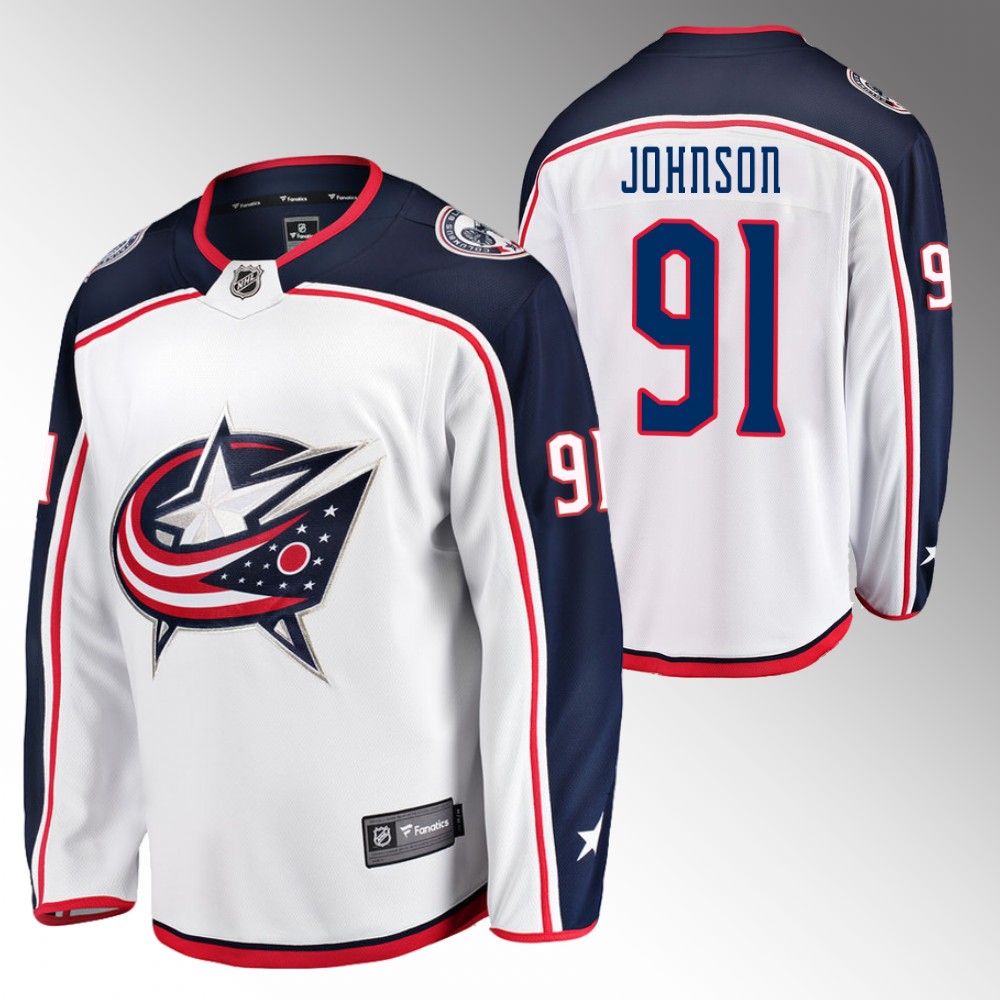 Blue Jackets #91 Kent Johnson White Away Jersey