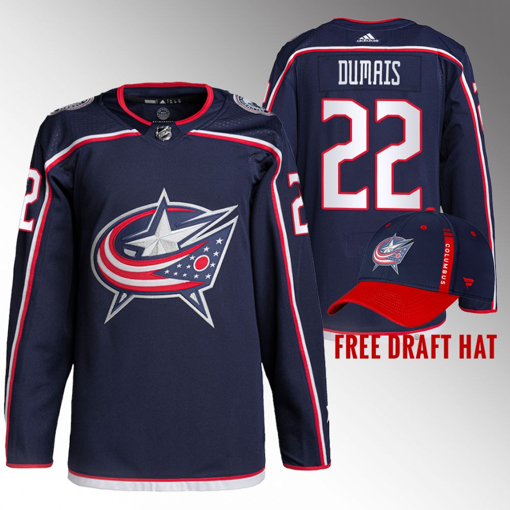 Blue Jackets 2022 NHL Draft Jordan Dumais Navy Jersey Authentic Primegreen Home